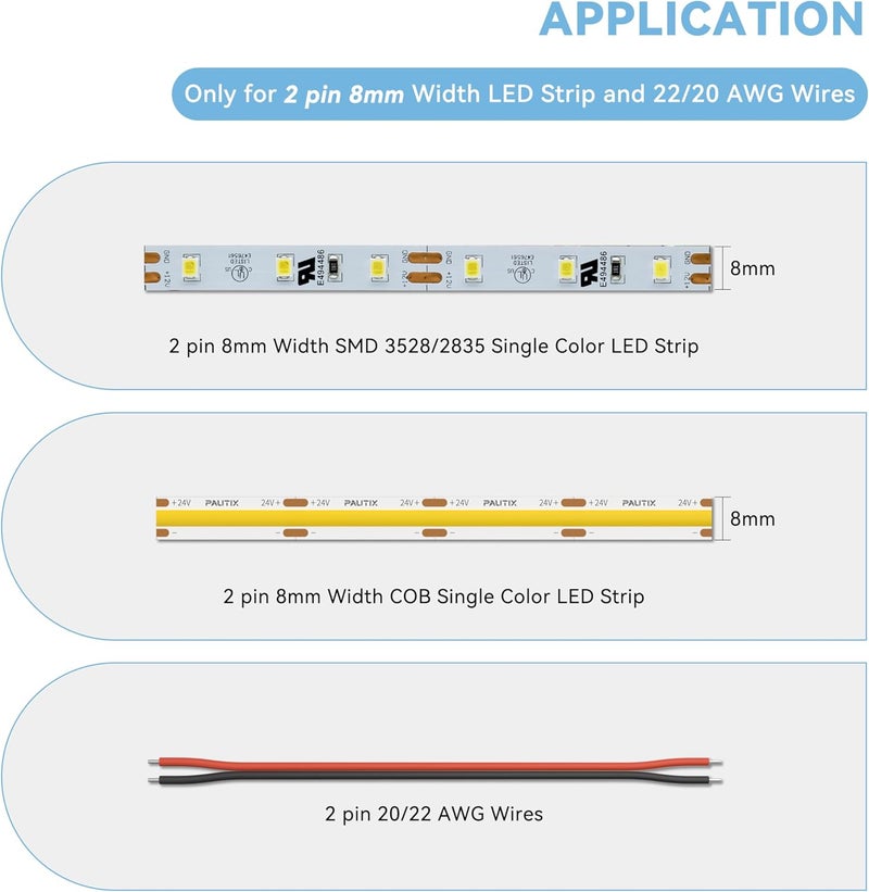 PAUTIX COB LED Connectors for 8mm 2-Pin COB LED Strip Lights,20pcs Strip to Wire Connectors,10ft(305cm) Long 22AWG Extension Wires for Non-Wired Gapless Solderless,5V 12V 24V 2835 LED Strip Lights - Image 3